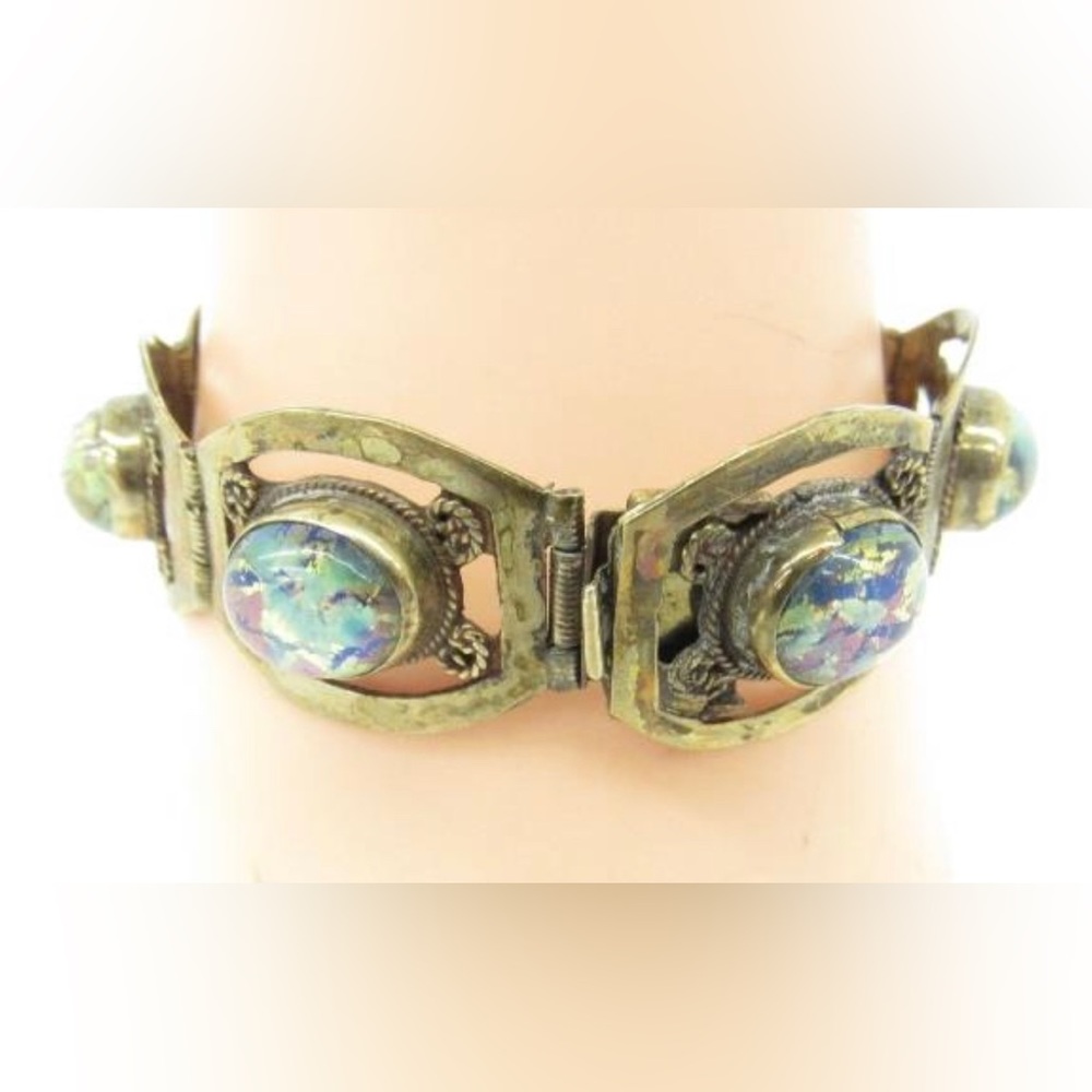 Opal Abalone Style Vintage Silver Tone Linked Bracelet